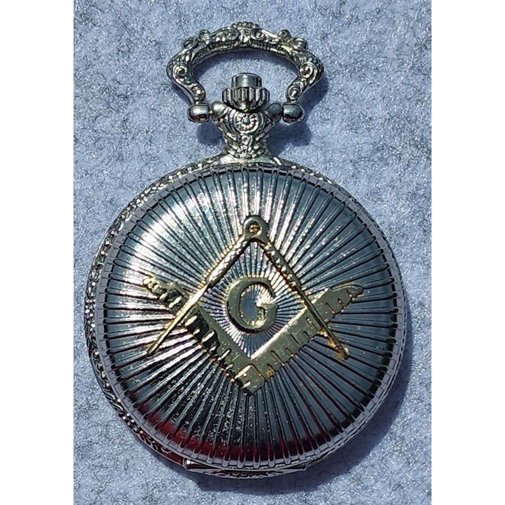 Masonic Pocketwatch Silver Tone Hunter Case Quartz Analog G  Freemason READ